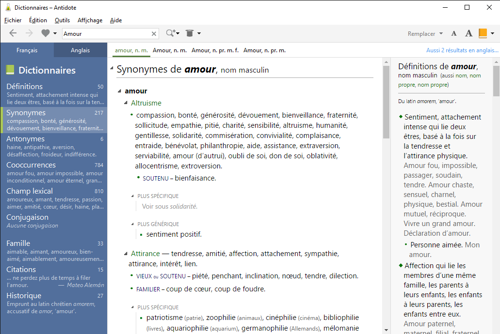 Screenshot des Synonymewörterbuchs